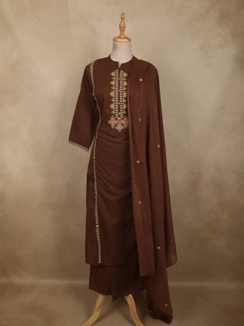 Cocoa Brown Floral Thread Embroidered Design Cotton Straight Cut Salwar Suit With Dupatta 1