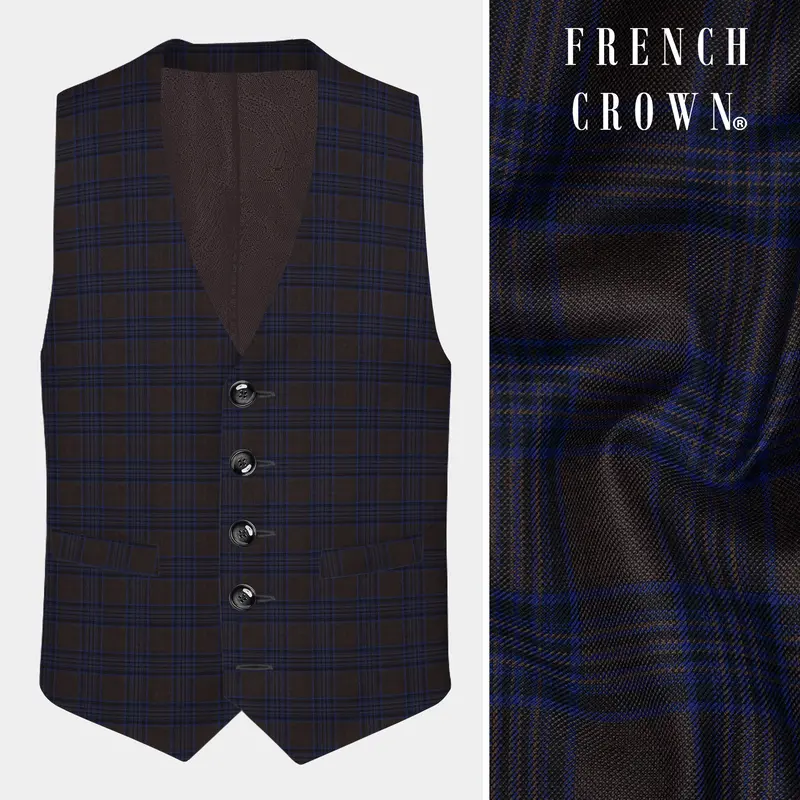 Coffee Bean Brown And Bunting Blue Windowpane Wool Rich Waistcoat 1