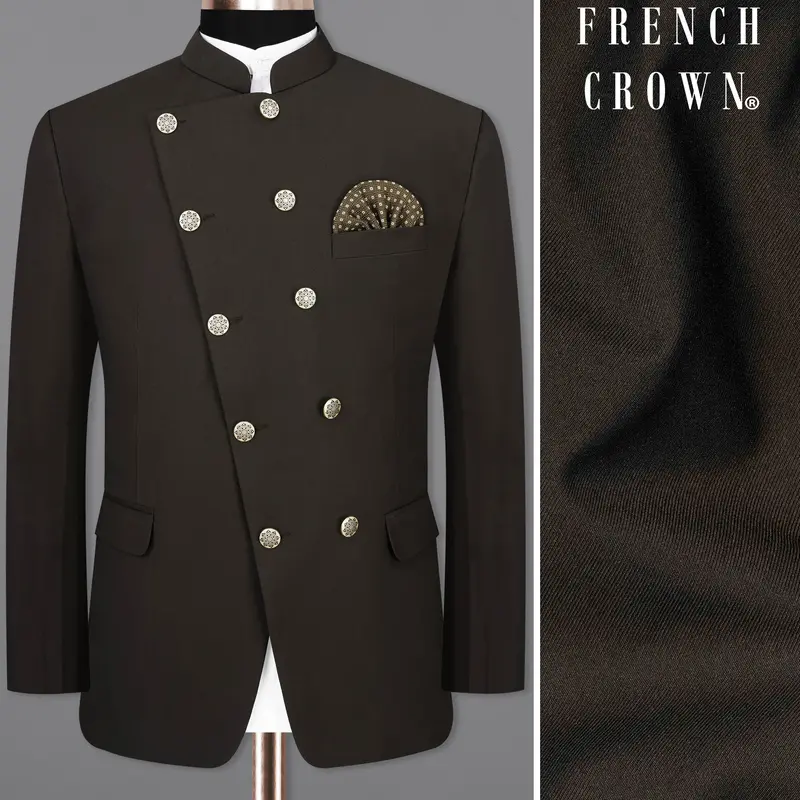 Coffee Bean Brown Pure Wool Cross Placket Bandhgala Designer Blazer 1