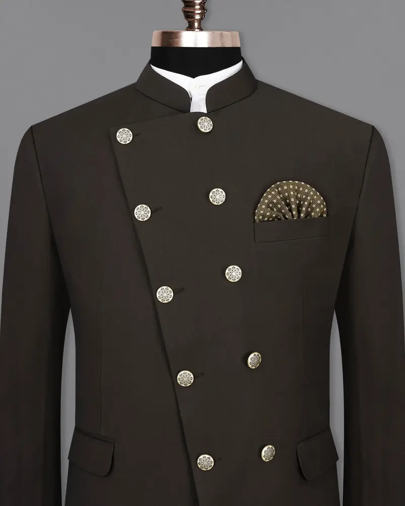 Coffee Bean Brown Pure Wool Cross Placket Bandhgala Designer Blazer 2