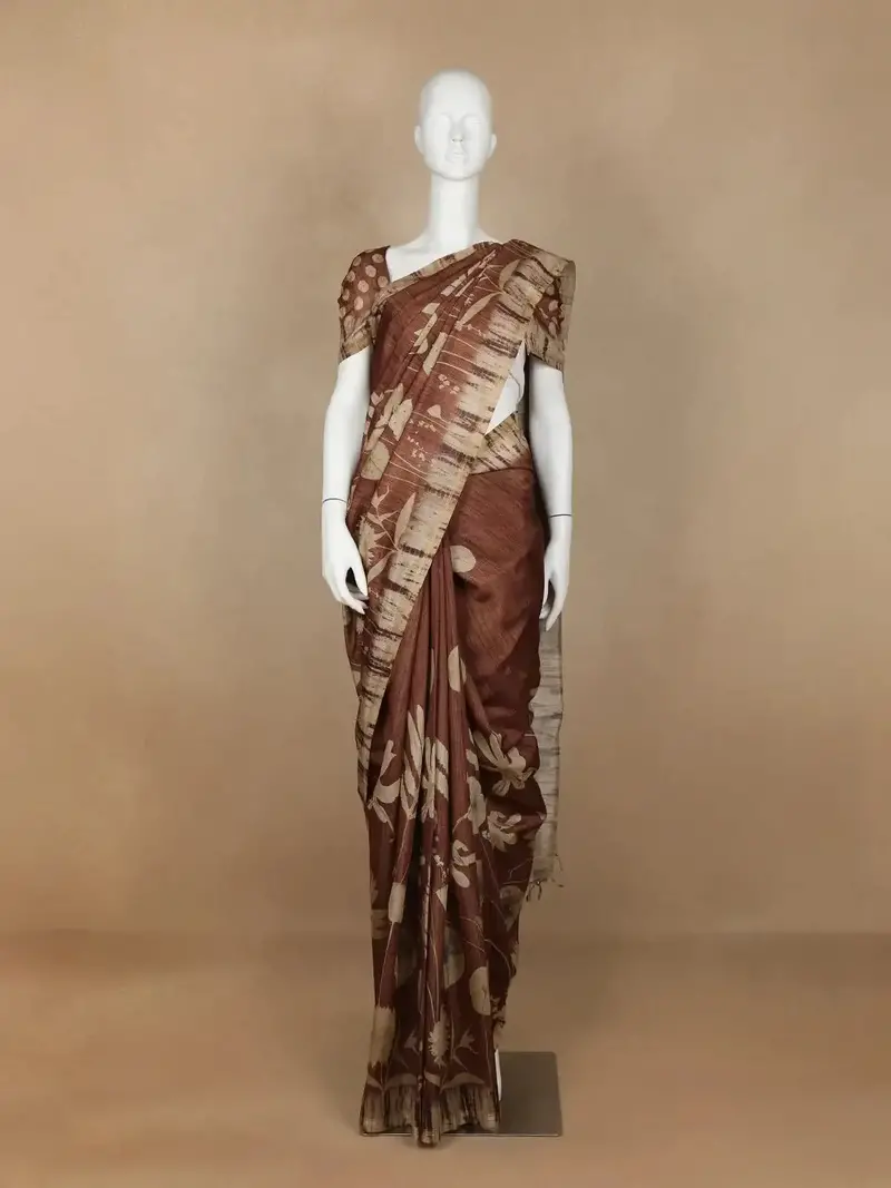 Coffee Brown Abstract Designed Semi Tussar Silk Saree 1