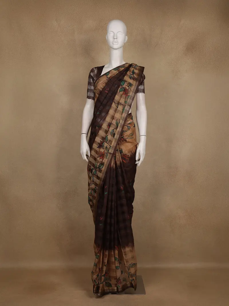 Coffee Brown And Beige Checked Floral Design Cotton Saree 1
