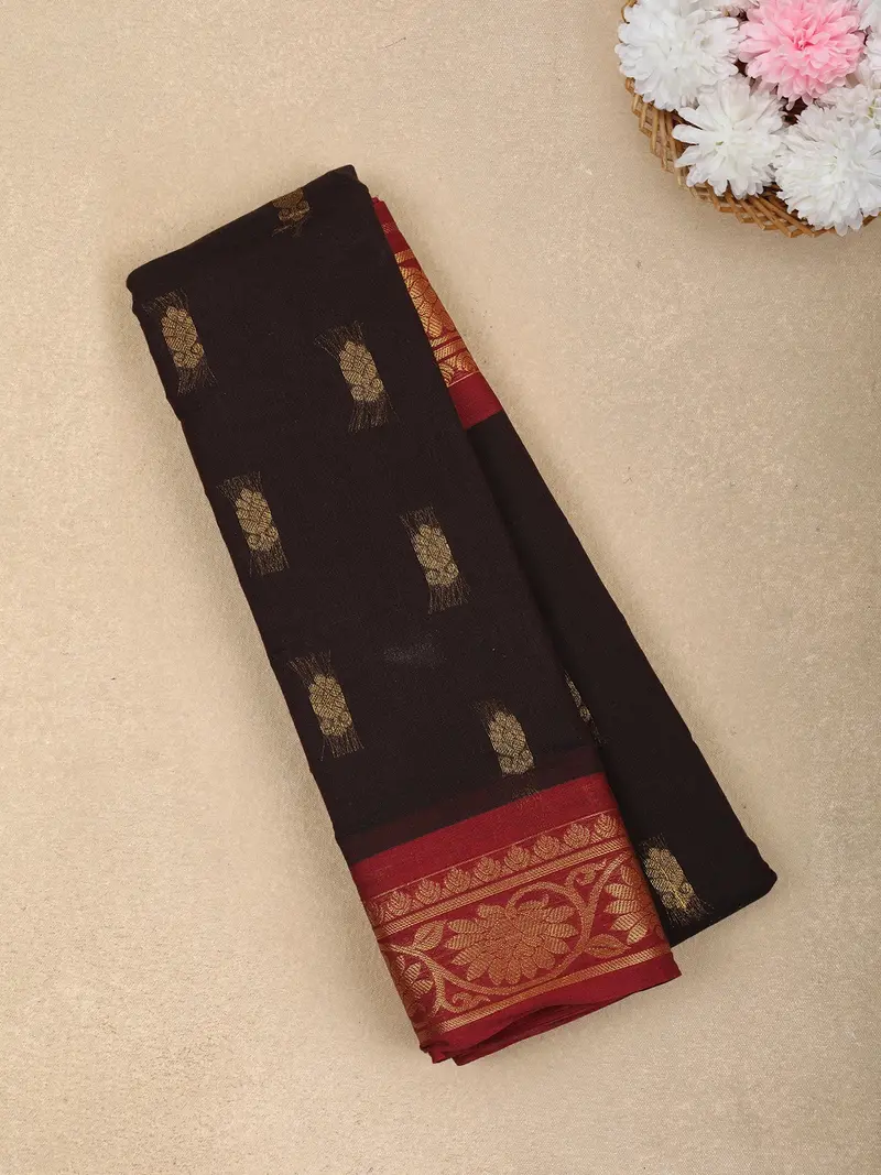 Coffee Brown Butta Woven Design Cotton Saree With Contrast Border 1