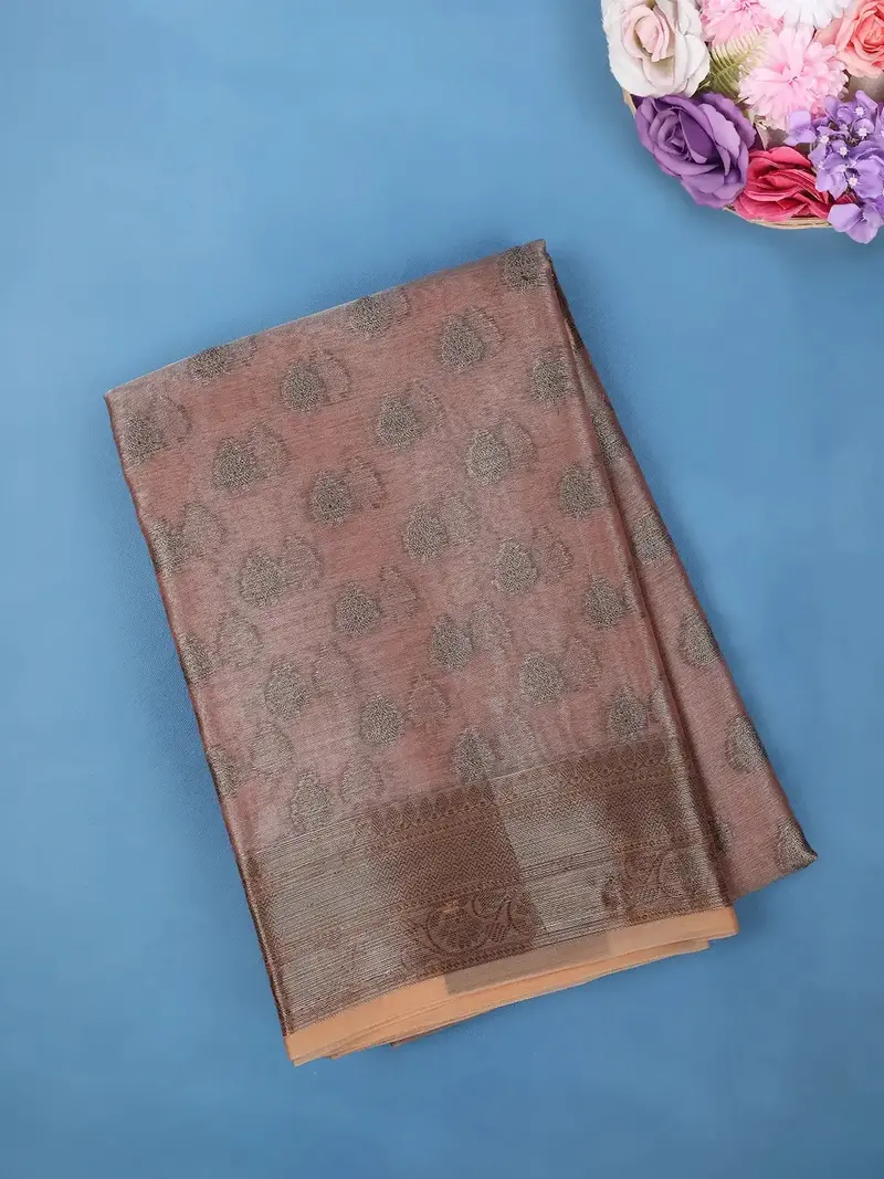 Coffee Brown Coral Floral Design Woven Tissue Silk Saree 1