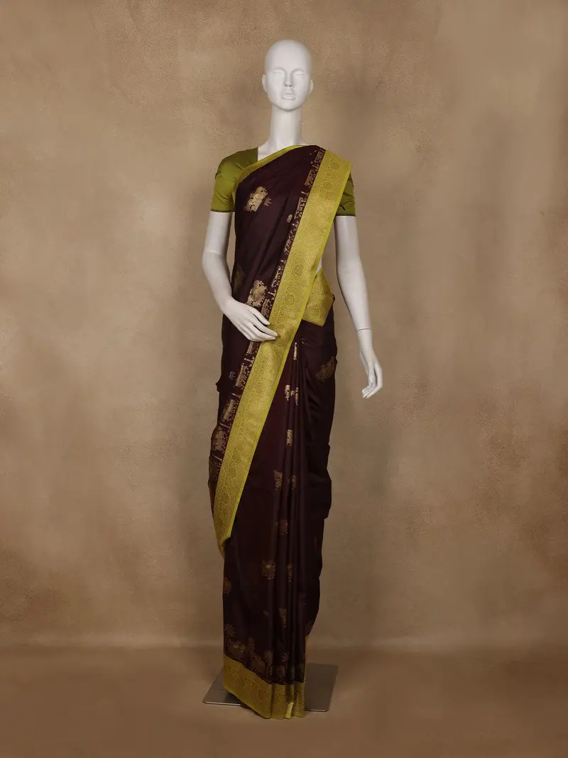 Coffee Brown Cow Motif Woven Semi Soft Silk Saree 1