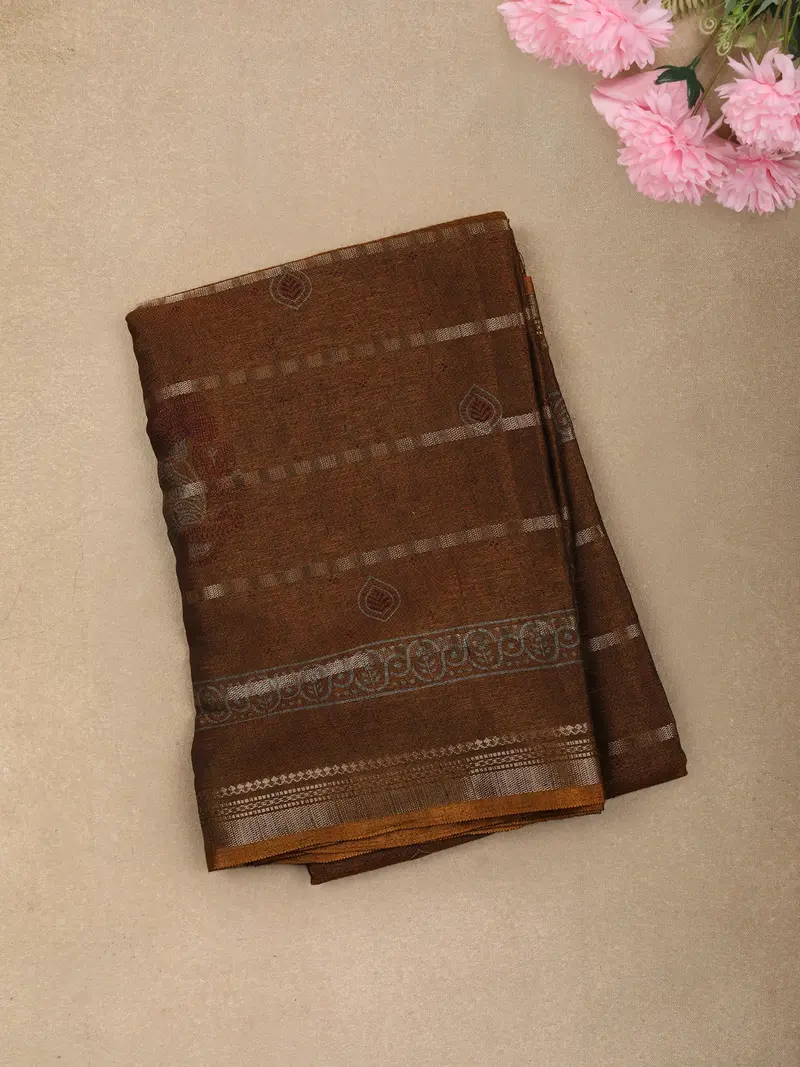 Coffee Brown Floral And Paisley Motif Woven Design Mixed Cotton Saree 1