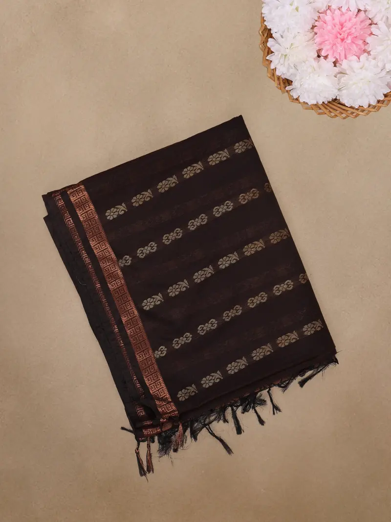 Coffee Brown Floral Butta Design Cotton Saree 1
