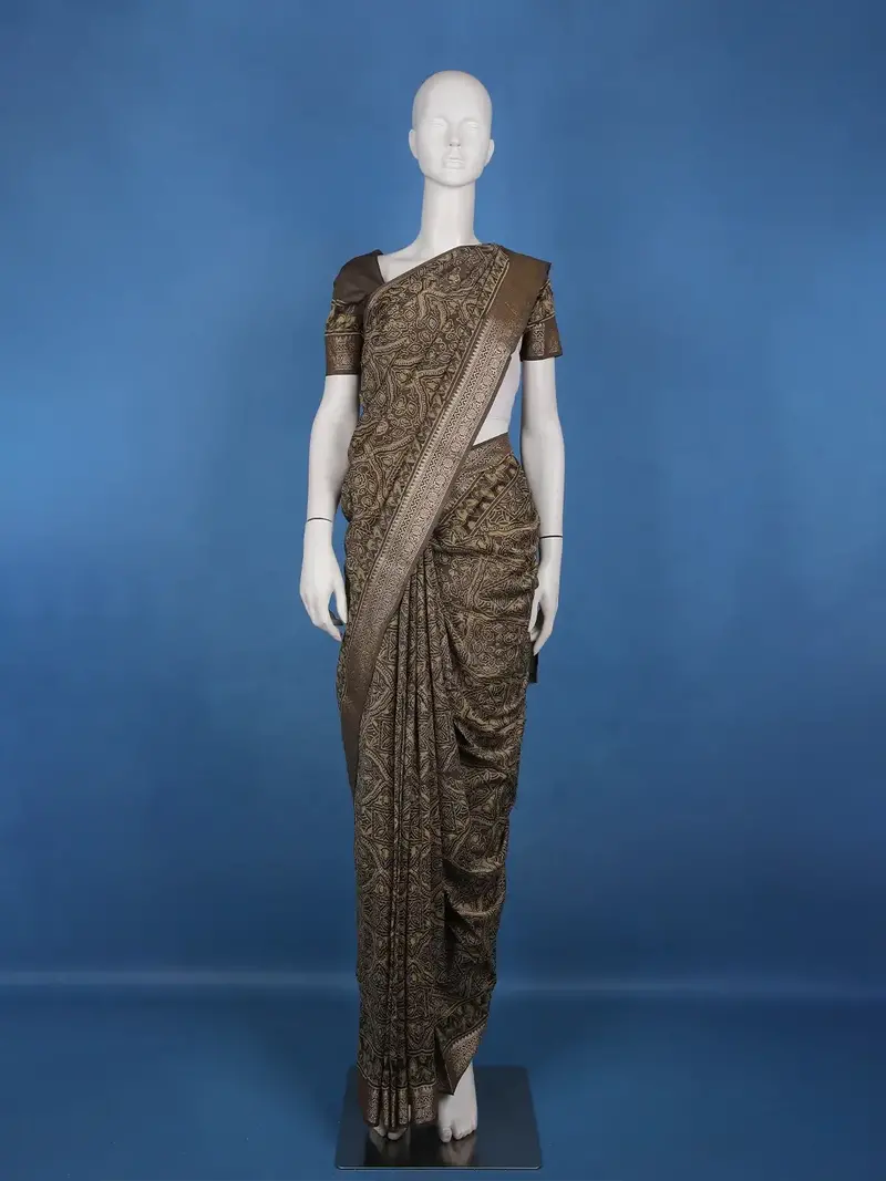 Coffee Brown Floral Design Antique Gold Zari Border Chandheri Cotton Saree 1