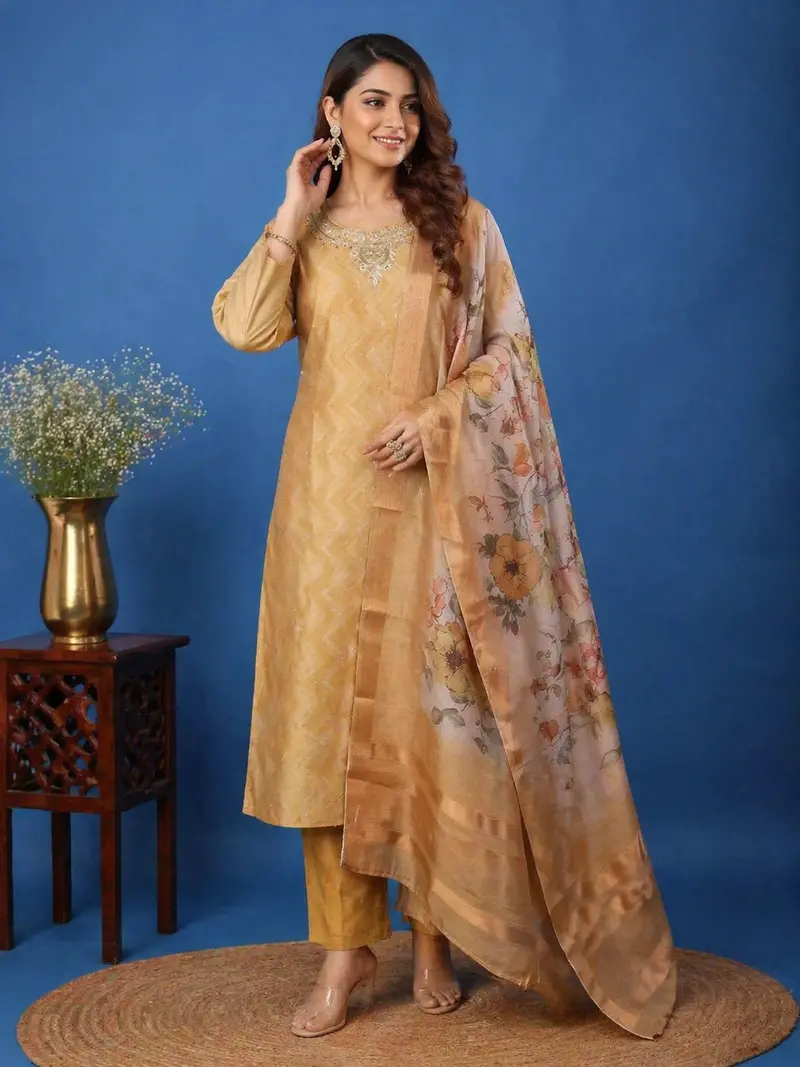 Coffee Brown Floral Design Printed Organza Salwar Suit 1