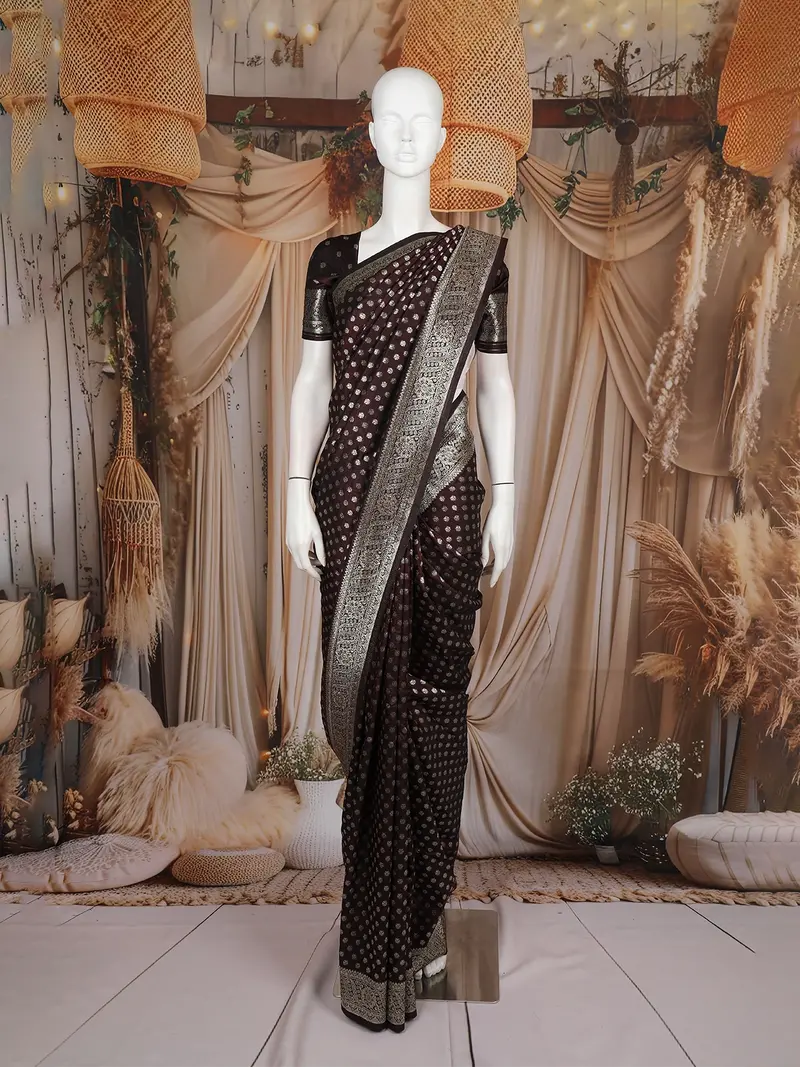 Coffee Brown Floral Design Semi Banarasi Saree 1