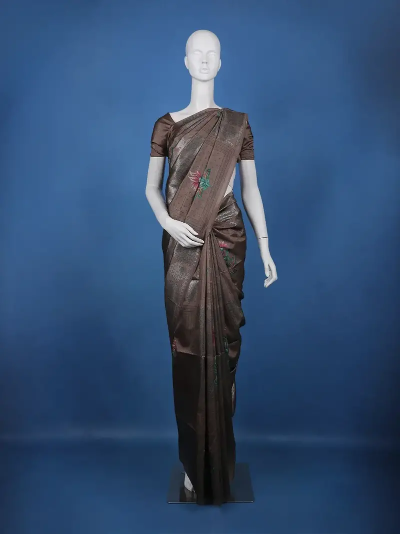 Coffee Brown Floral Design Semi Tissue Saree 1
