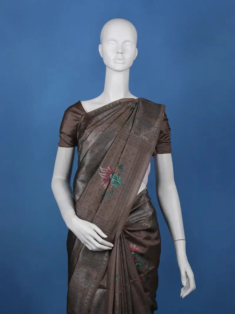Coffee Brown Floral Design Semi Tissue Saree 2
