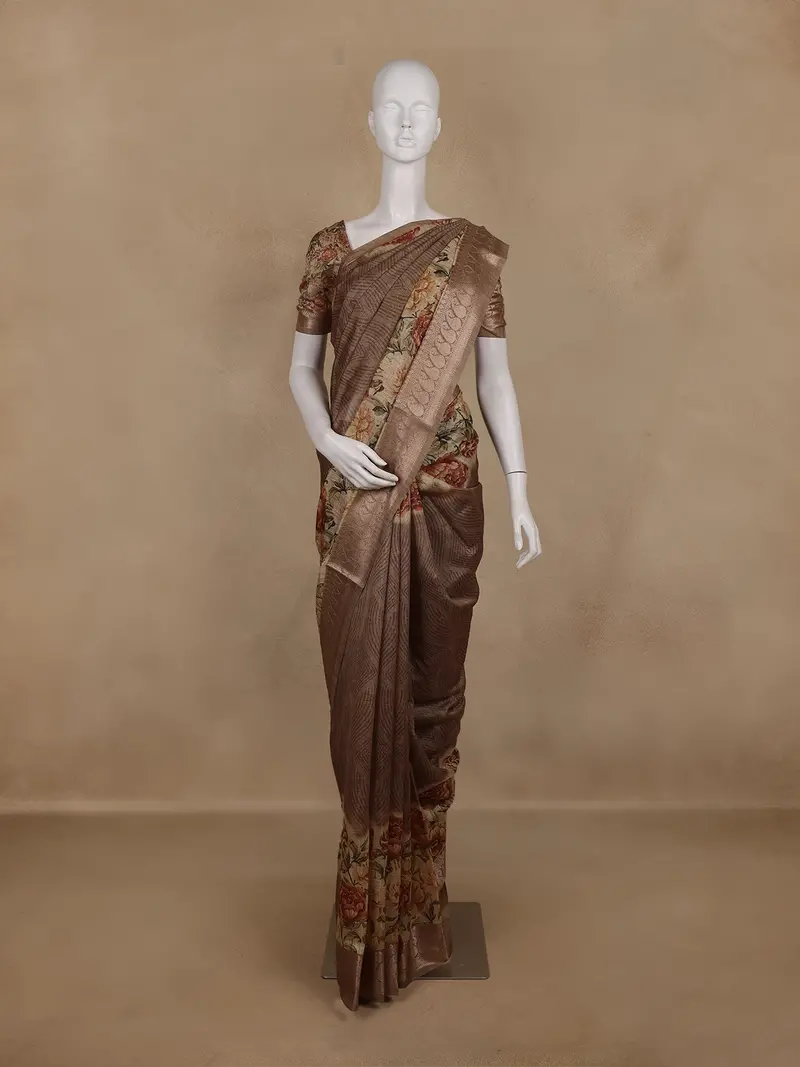 Coffee Brown Floral Design Tussar Silk Saree 1