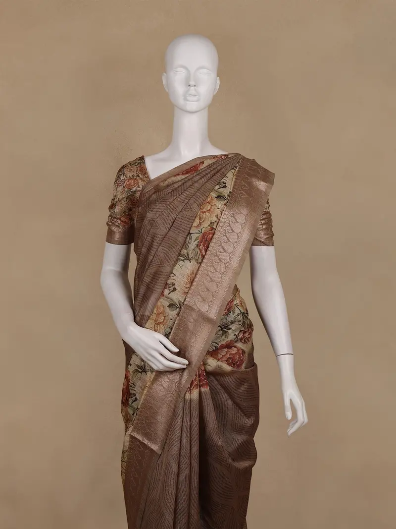 Coffee Brown Floral Design Tussar Silk Saree 2