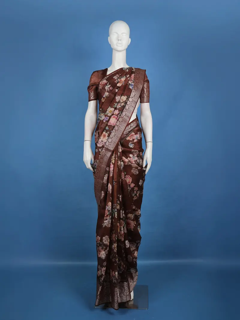 Coffee Brown Floral Designed Tussar Saree 1
