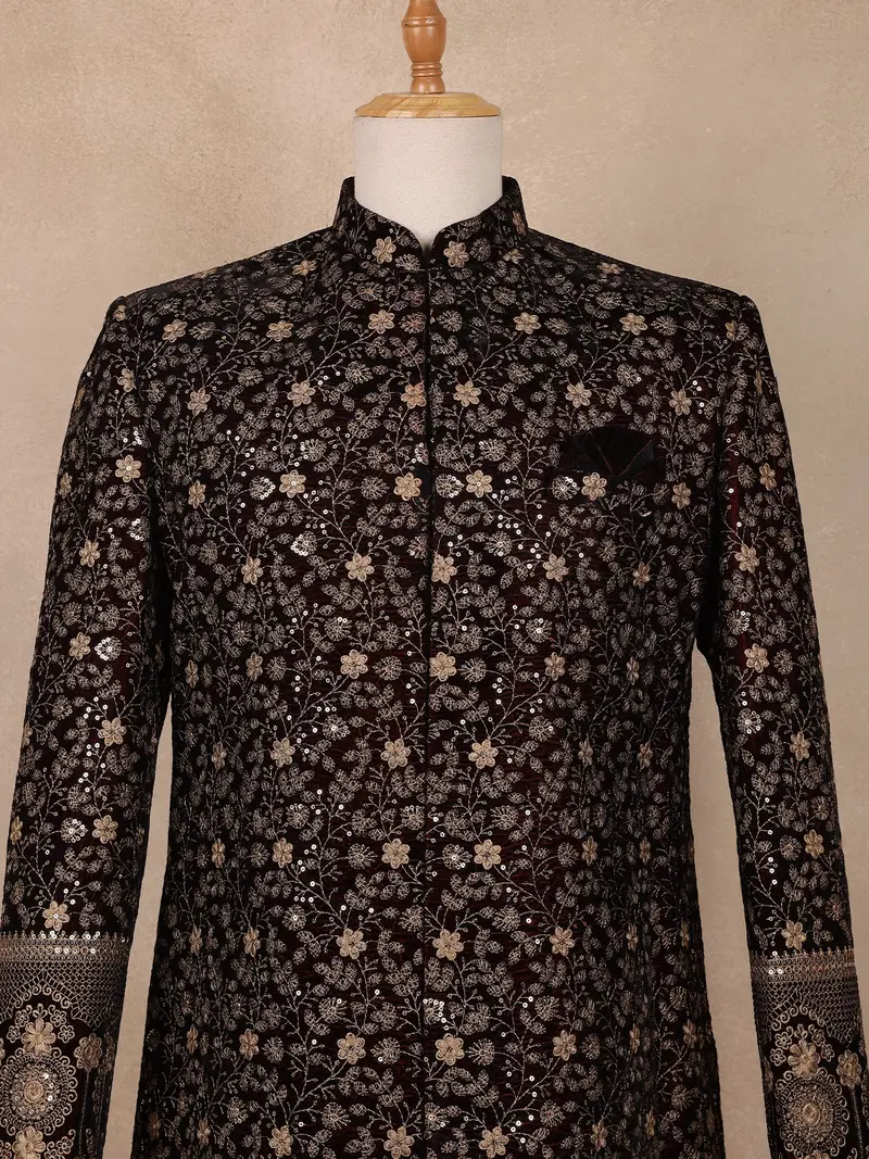 Coffee Brown  Floral Designed Velvet Sherwani Suit 1