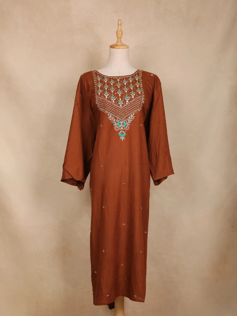 Coffee Brown Floral Embroidered Cotton Kurti 1