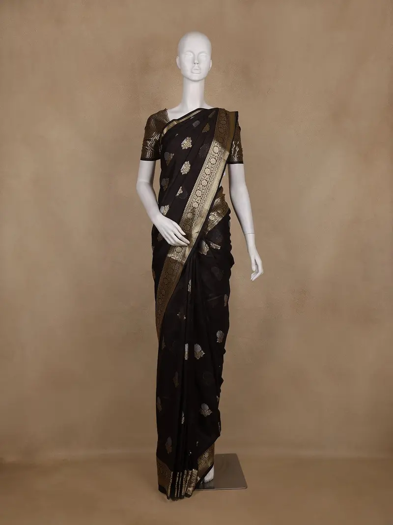 Coffee Brown Floral Motif Design Semi Banarasi Silk Saree 1