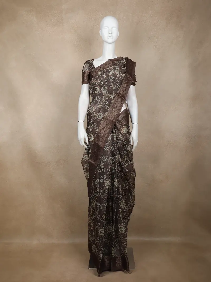 Coffee Brown Floral Printed Chanderi Cotton Saree With Zari Woven Border 1