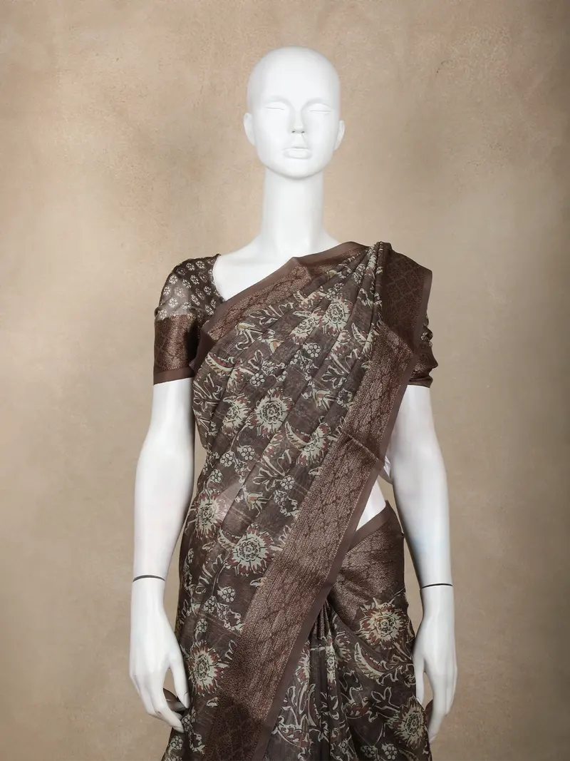 Coffee Brown Floral Printed Chanderi Cotton Saree With Zari Woven Border 2