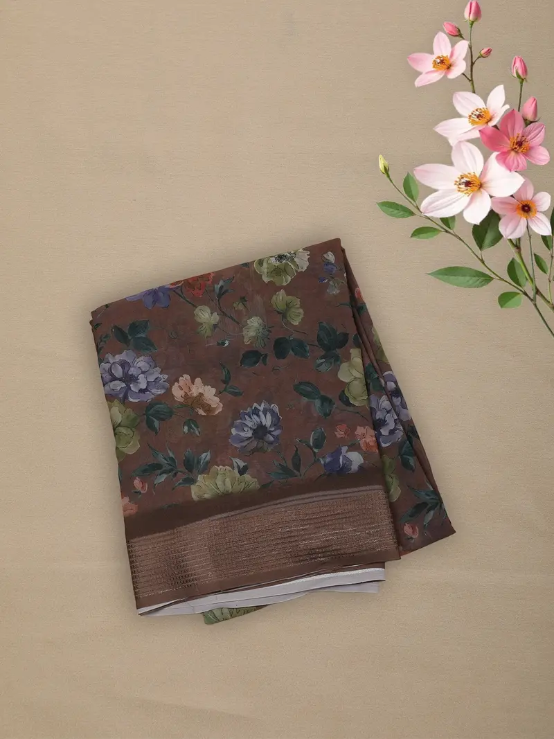 Coffee Brown Floral Printed Chiffon Saree With Self Woven Border 1