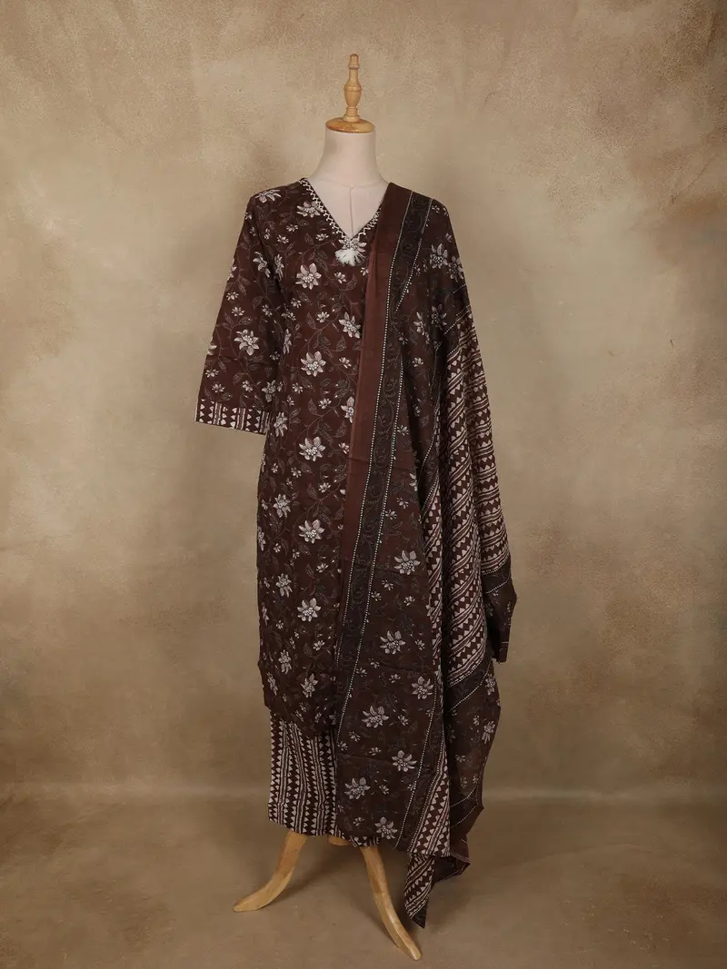 Coffee Brown Floral Printed Design Cotton Salwar Suit With Dupatta 1