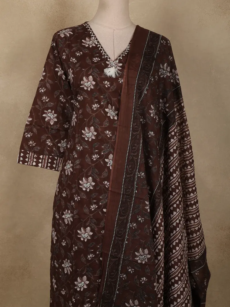 Coffee Brown Floral Printed Design Cotton Salwar Suit With Dupatta 2