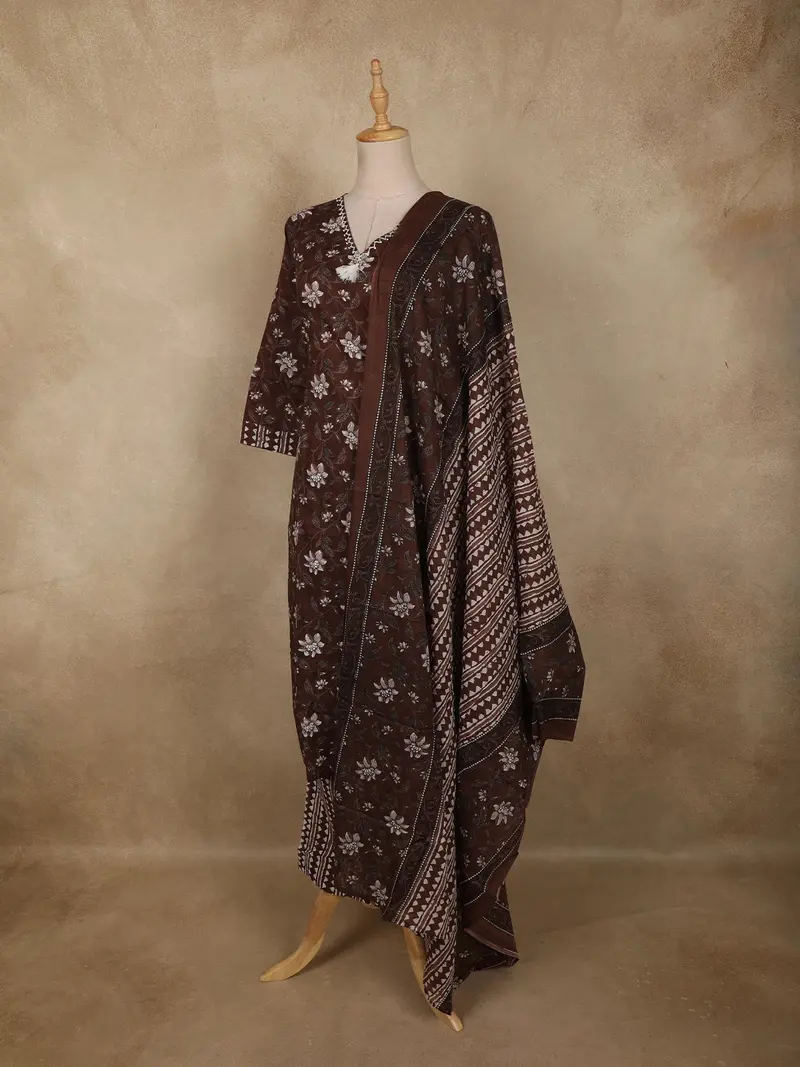 Coffee Brown Floral Printed Design Cotton Salwar Suit With Dupatta 3