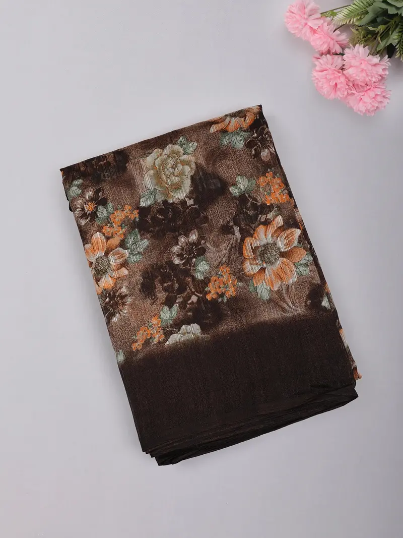 Coffee Brown Floral Printed Design Mixed Cotton Saree 1