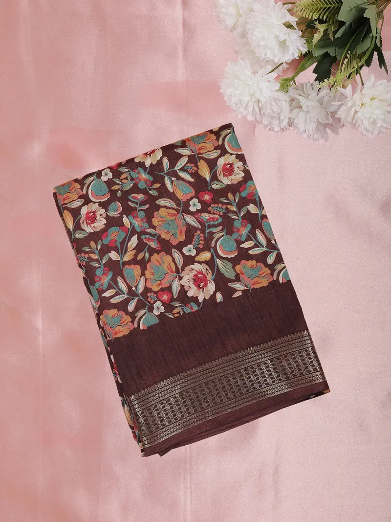 Coffee Brown Floral Printed Design Mixed Silk Cotton Saree With Designer Border 1
