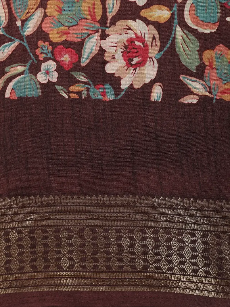Coffee Brown Floral Printed Design Mixed Silk Cotton Saree With Designer Border 2