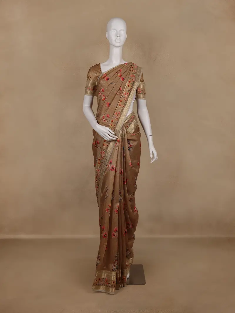 Coffee Brown Floral Printed Design Tussar Silk Saree 1