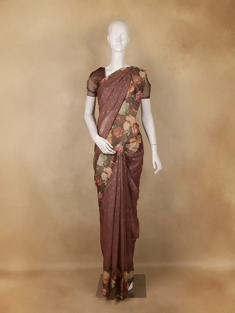 Coffee Brown Floral Printed Tissue Saree With Woven Buttas 1