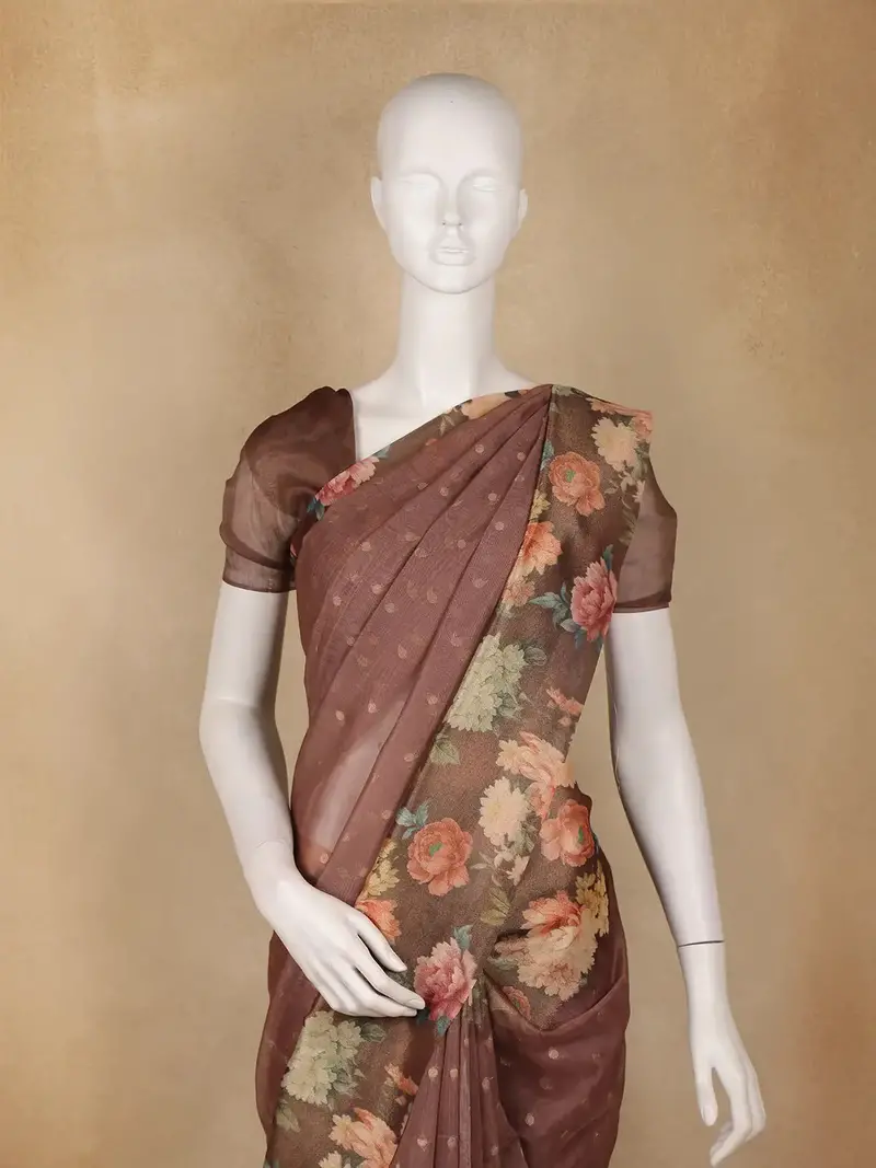 Coffee Brown Floral Printed Tissue Saree With Woven Buttas 2