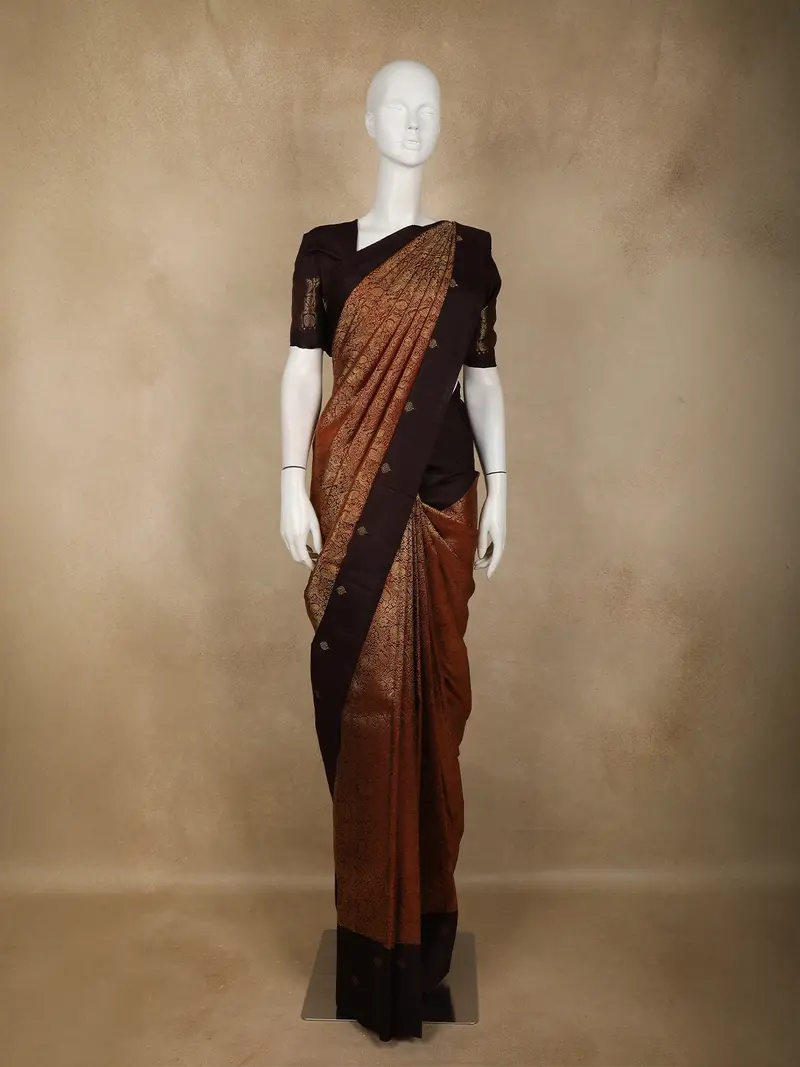 Coffee Brown Floral Zari Woven Design Pure Kanchipuram Silk Saree 1