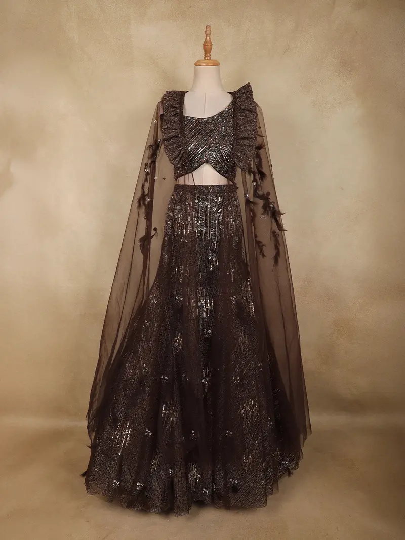 Coffee Brown Heavy Sequins And Beads Embroidered Design Mermaid Net Lehenga With Ruffled Cape 1