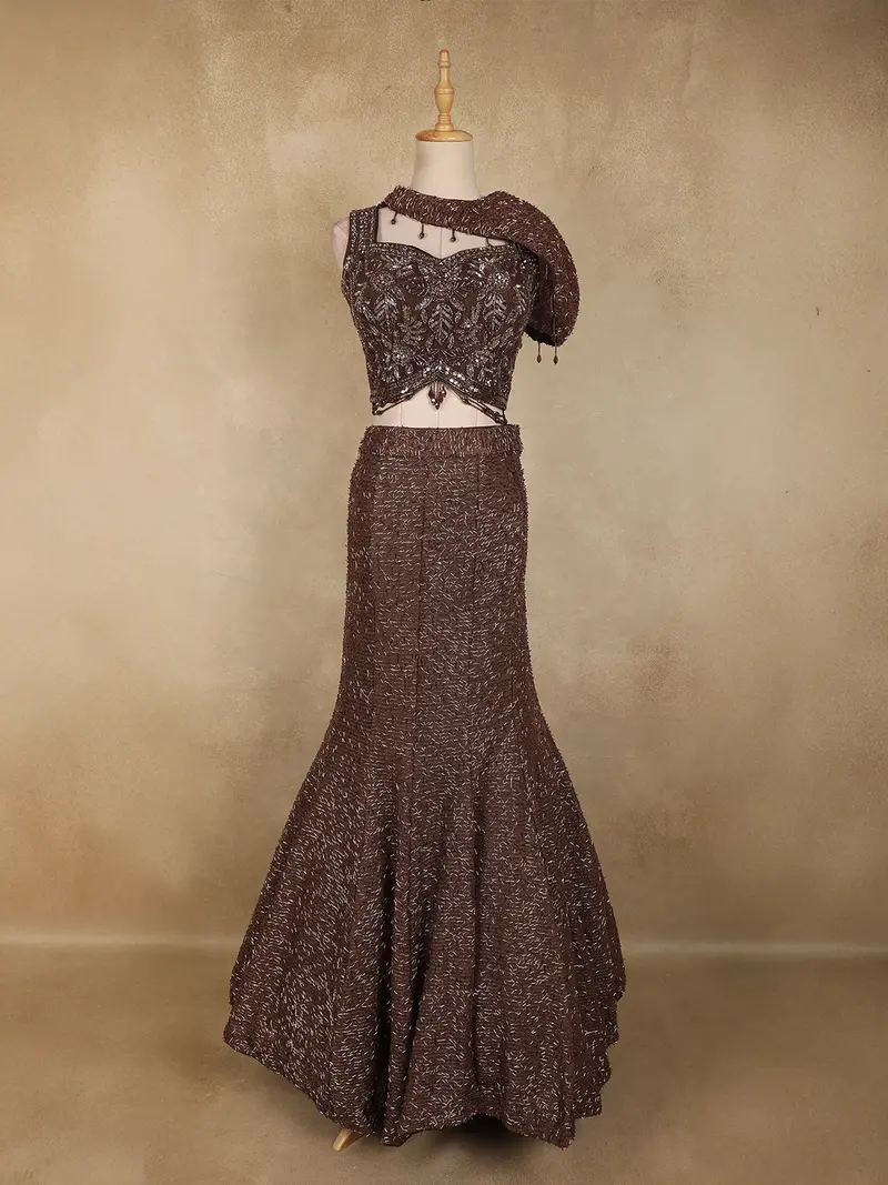 Coffee Brown Heavy Sequins And Beads Embroidered Design Net Mermaid Lehenga 1