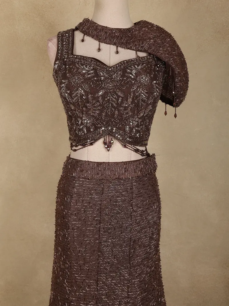 Coffee Brown Heavy Sequins And Beads Embroidered Design Net Mermaid Lehenga 2