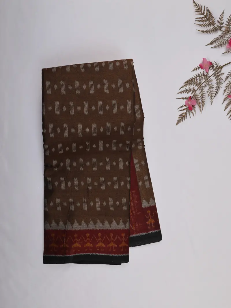 Coffee Brown Ikat Printed Karishma Cotton Saree With Contrast Border 1
