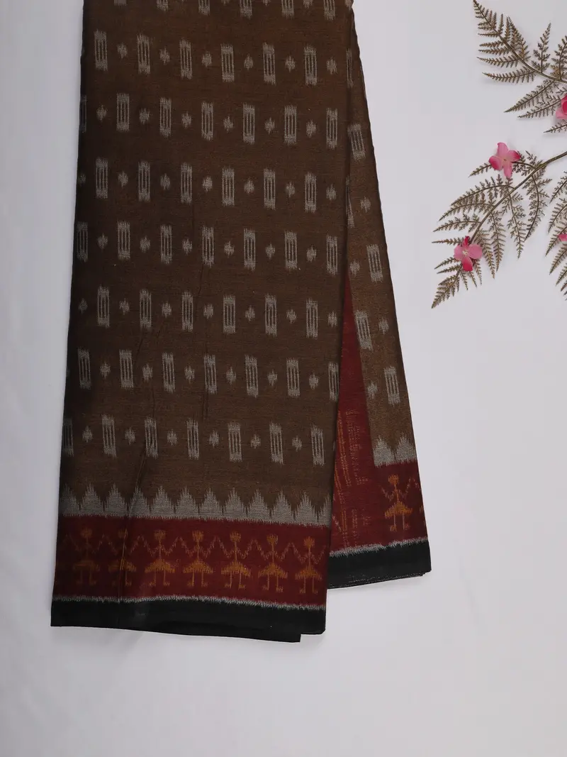 Coffee Brown Ikat Printed Karishma Cotton Saree With Contrast Border 2