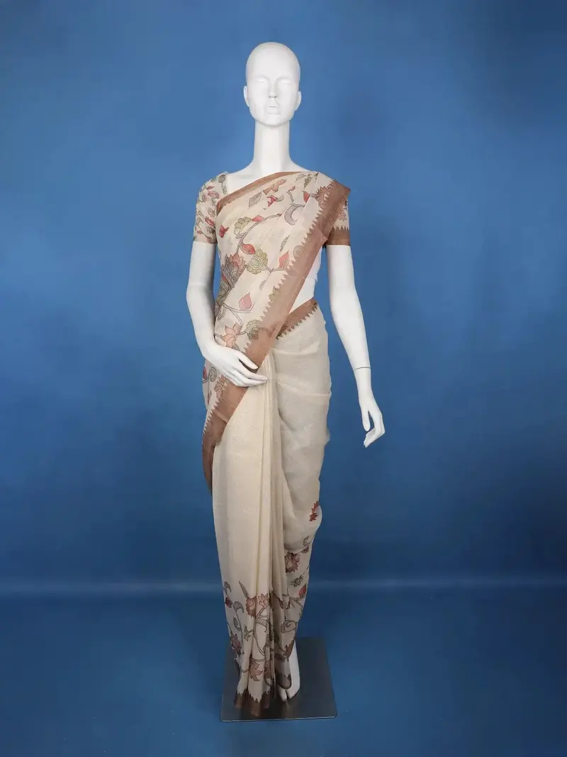 Coffee Brown Kalamkari Inspired Floral Printed Cotton Saree 1