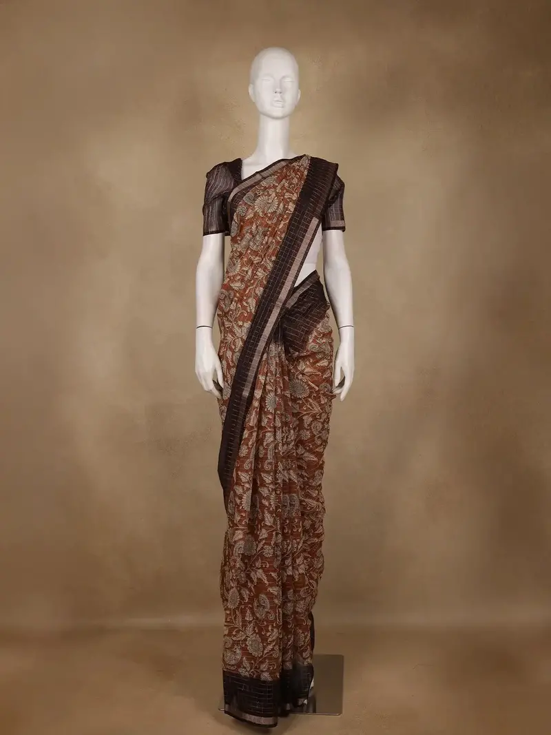 Coffee Brown Kalamkari Printed Tussar Silk Saree 1