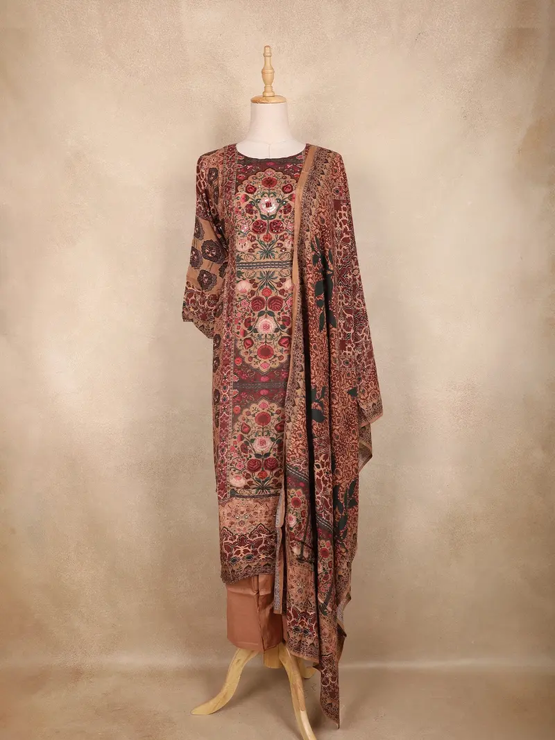 Coffee Brown Kashmiri Floral Printed Design Crepe Straight Cut Salwar Suit With Dupatta 1