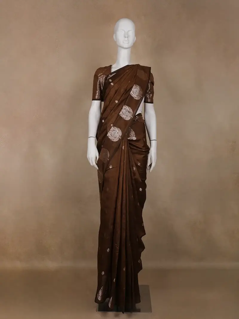 Coffee Brown Leaf Motif Woven Banarasi Silk Saree 1