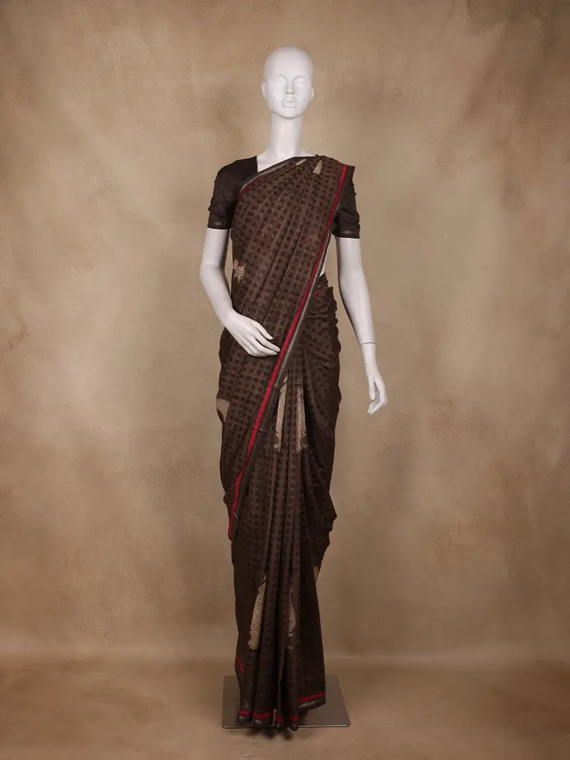 Coffee Brown Mini Checks And Floral Design Tussar Saree 1