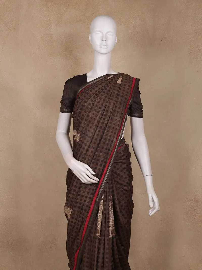 Coffee Brown Mini Checks And Floral Design Tussar Saree 2