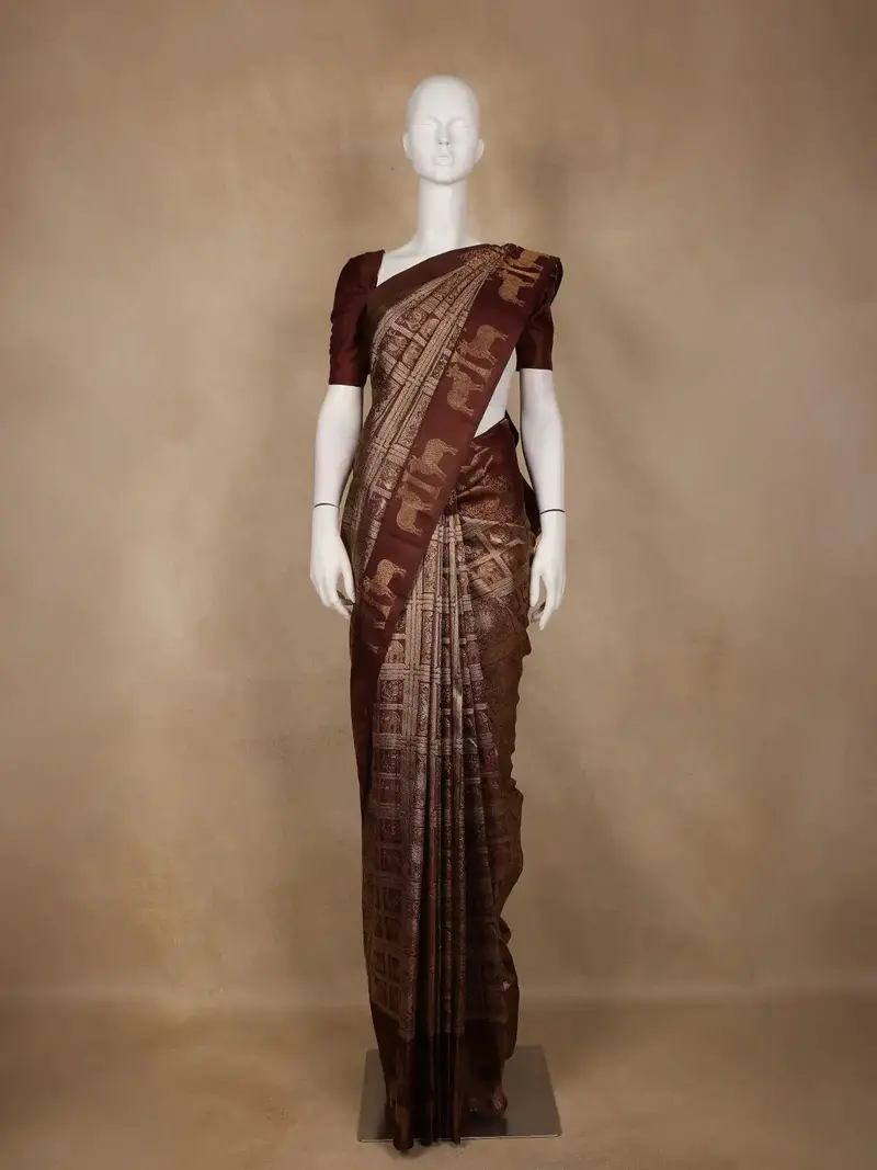 Coffee Brown Peacock Woven Pure Kanchipuram Silk Saree 1