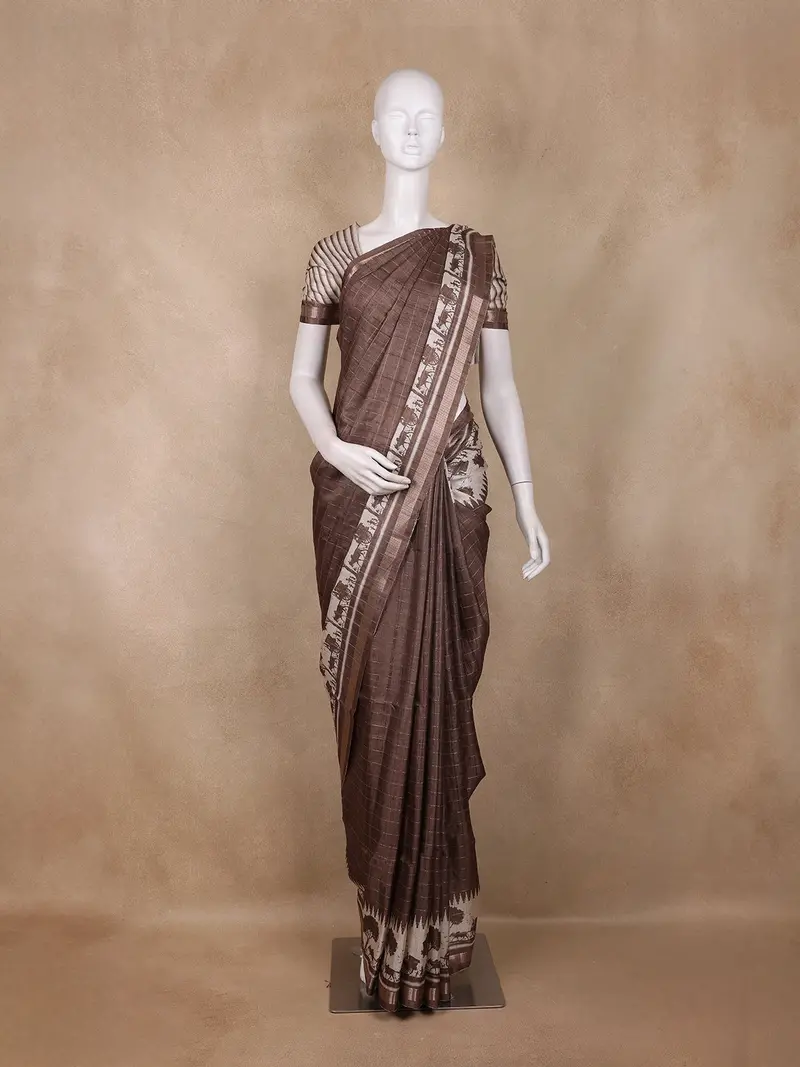 Coffee Brown Striped Design Semi Tussar Silk Saree With Elephant Pattern Zari Border 1