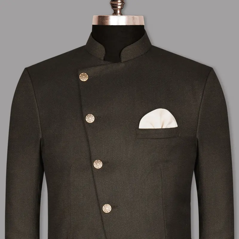 Coffee Brown Textured Cross Placket Bandhgala/Mandarin Wool Blend Blazer 1