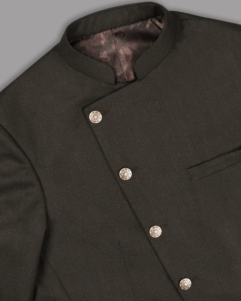 Coffee Brown Textured Cross Placket Bandhgala/Mandarin Wool Blend Blazer 10